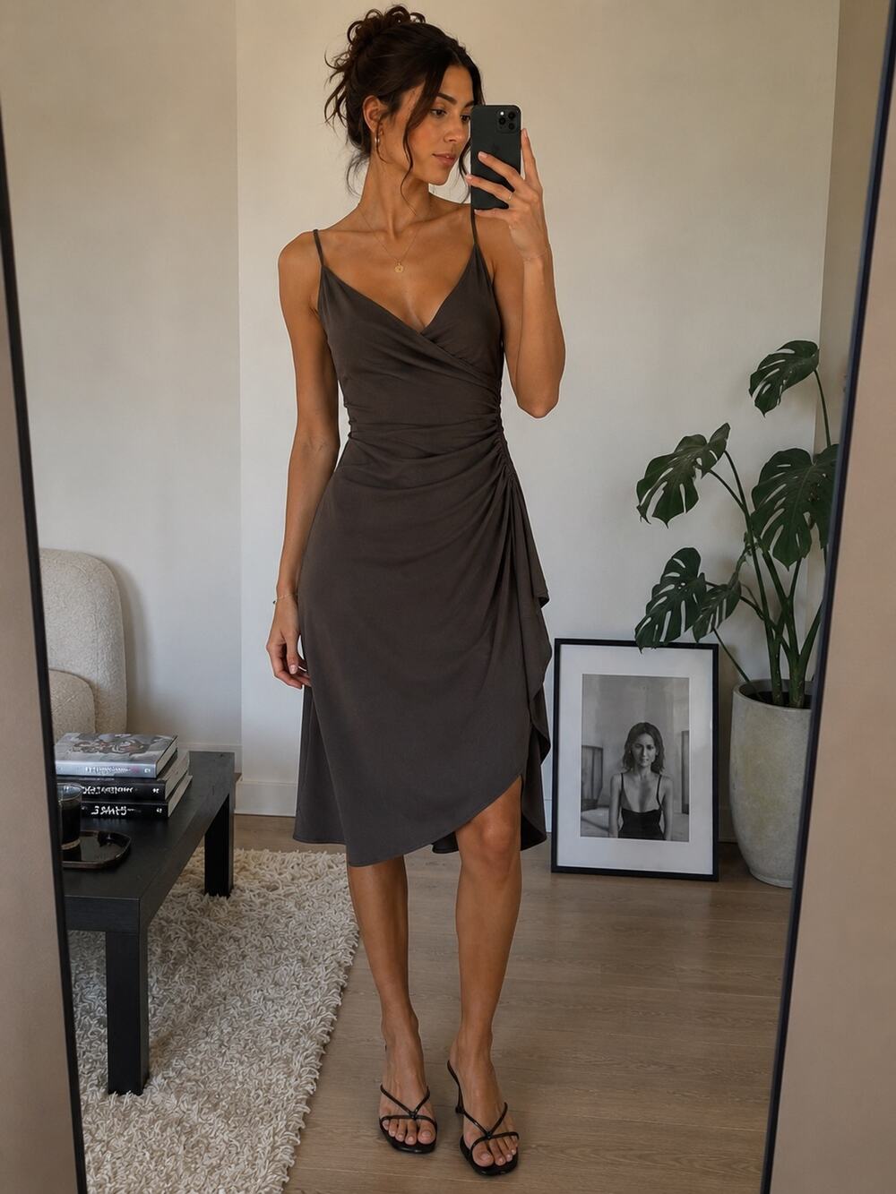 Vintage 90s USA Faux Wrap Ruffle Mesh Slip Dress M Asymmetric Olive Green